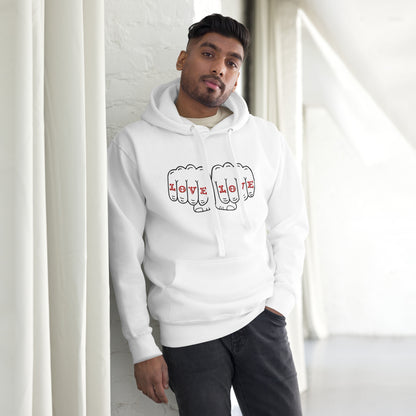 A man wearing a white hoodie that reads "love love"