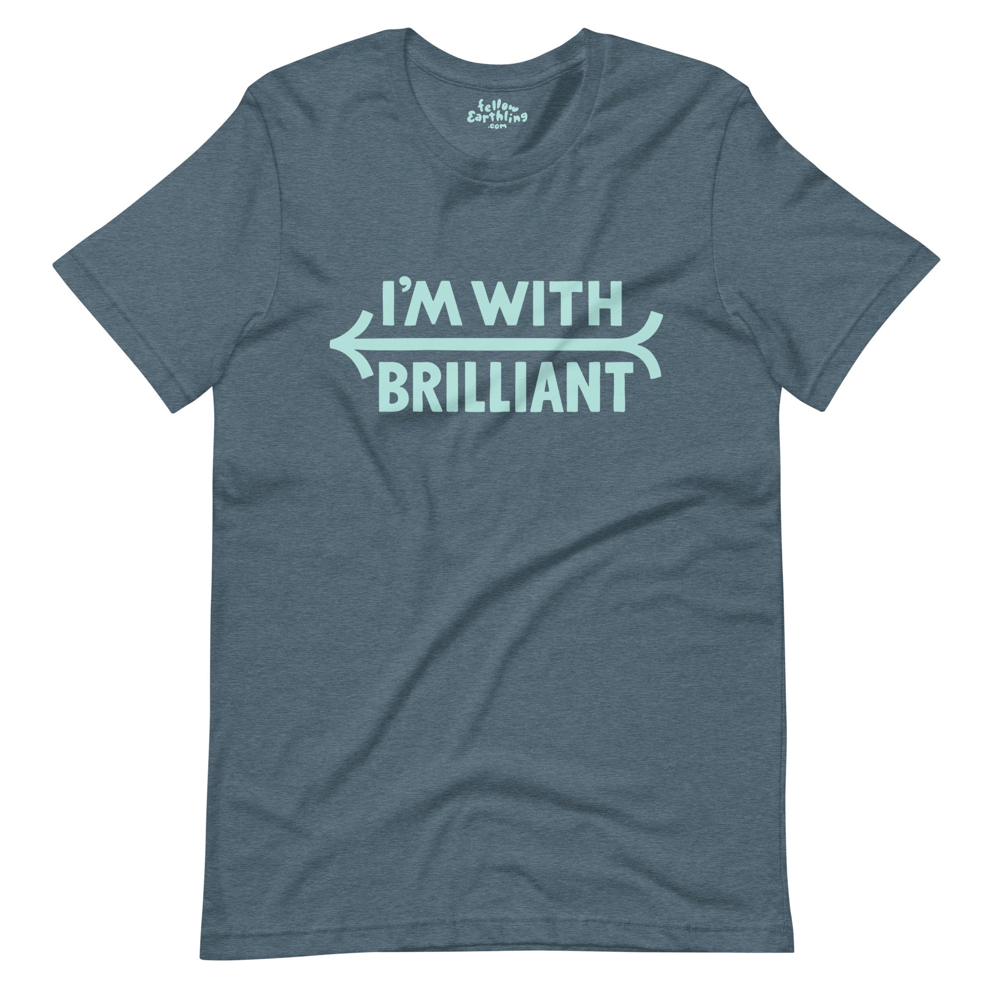 A man wearing a shirt reading I'm With Brilliant and an arrow pointing left.