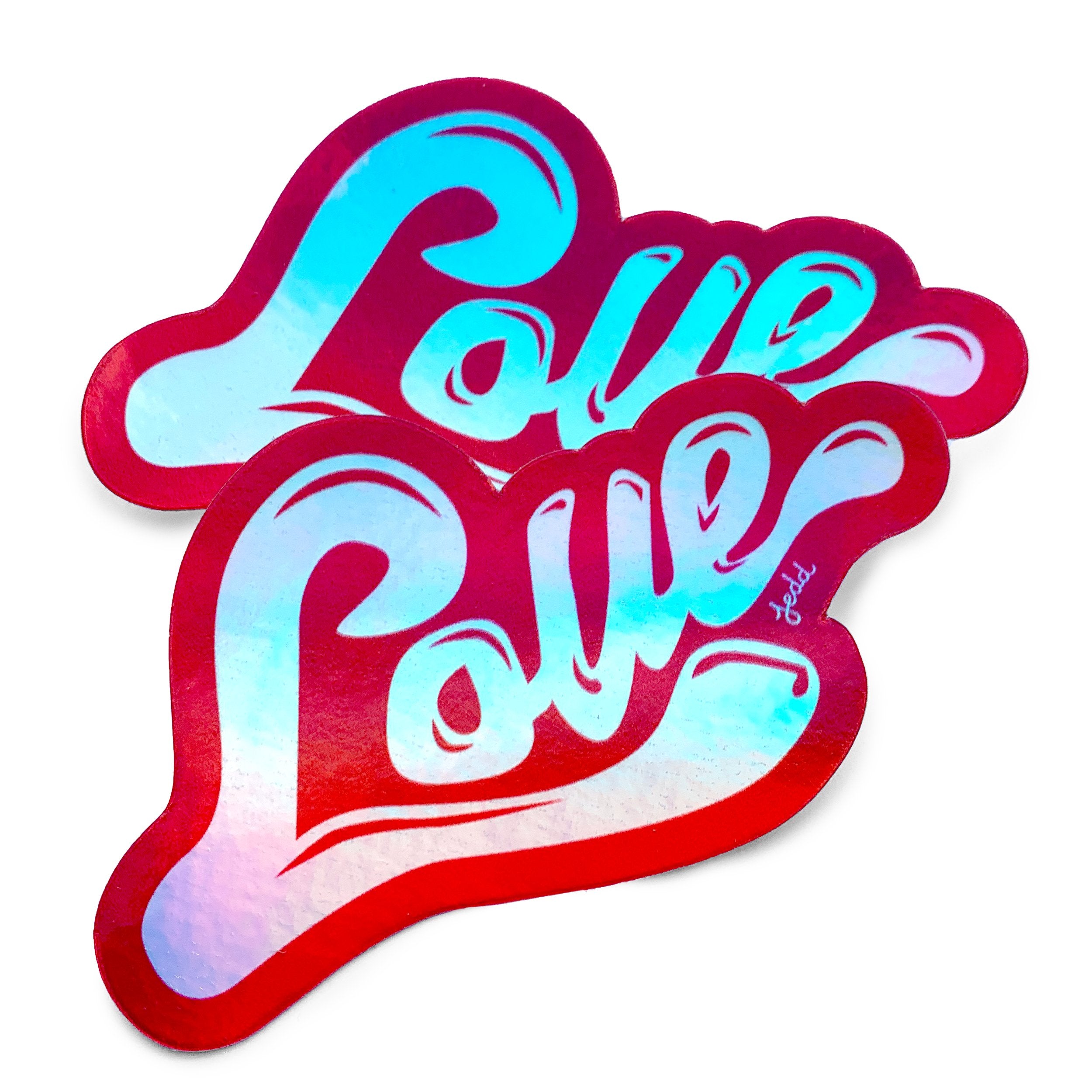 Two holographic stickers with a design that say Love